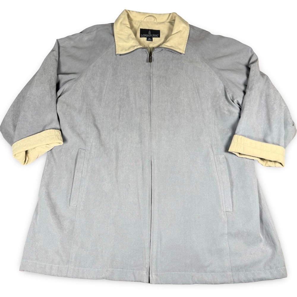 London Fog Jacket Womens XL Faux Suede Full Zip Coat Blue Grey Beige Collar